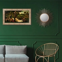 «Pardo Venus or Jupiter and Antiope» в интерьере классической гостиной с зеленой стеной над диваном