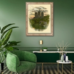 «Durham Cathedral, West Front» в интерьере гостиной в зеленых тонах