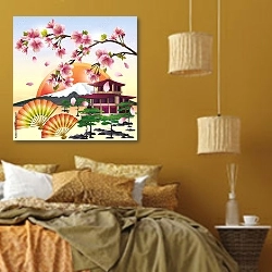 «Японский пейзаж с сакурой» в интерьере спальни  в этническом стиле в желтых тонах