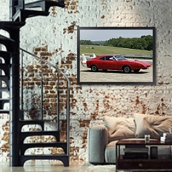 «Dodge Charger Daytona '1969» в интерьере двухярусной гостиной в стиле лофт с кирпичной стеной
