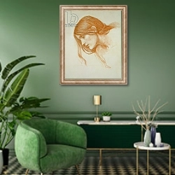 «Study of a Girl's Head» в интерьере гостиной в зеленых тонах
