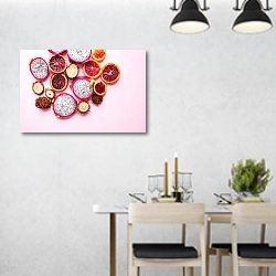 «Экзотические фрукты на розовом фоне» в интерьере современной столовой над обеденным столом