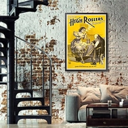 «Deveres High Rollers Burlesque Co.» в интерьере двухярусной гостиной в стиле лофт с кирпичной стеной