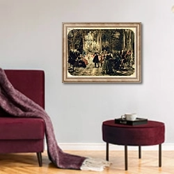 «Sketch for The Flute Concert, 1852» в интерьере гостиной в бордовых тонах