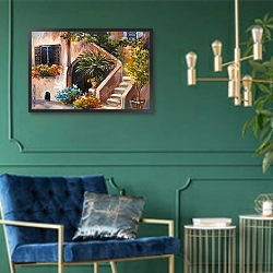 «Летняя терраса с цветами» в интерьере в классическом стиле с зеленой стеной