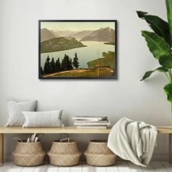 «Швейцария. Озеро Фирвальдштеттер и гора Пилатус» в интерьере комнаты в стиле ретро с плетеными корзинами