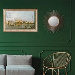 «Doge's Palace and view of St. Mark's Basin, Venice» в интерьере классической гостиной с зеленой стеной над диваном