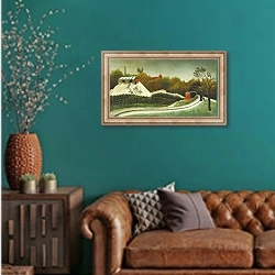 «Sawmill, Outskirts of Paris» в интерьере гостиной с зеленой стеной над диваном