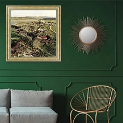 «Село. 1890» в интерьере классической гостиной с зеленой стеной над диваном