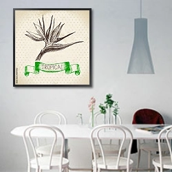 «Иллюстрация с экзотическим цветком» в интерьере светлой кухни над обеденным столом