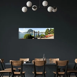 «Швейцария. Ворота у озера Лугано» в интерьере столовой с темными стенами