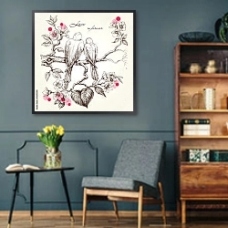 «Влюбленные птички на ветке дерева» в интерьере гостиной в стиле ретро в серых тонах