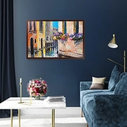 «Венецианская улица с цветами в окнах» в интерьере в классическом стиле в синих тонах
