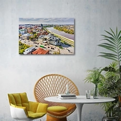 «Россия, Тюмень. Современный город №3» в интерьере современной гостиной с желтым креслом