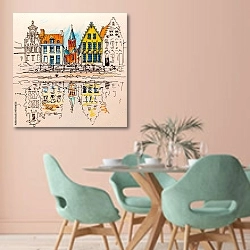 «Канал с красивыми средневековыми домами, город Брюгге, Бельгия, эскиз» в интерьере современной столовой в пастельных тонах