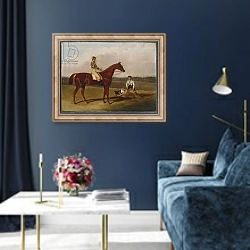 «'Barefoot', the Racehorse, with a Jockey Up and a Groom, 1835» в интерьере в классическом стиле в синих тонах