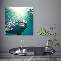«Дельфин под водой с солнечными лучами» в интерьере современной гостиной в серых тонах