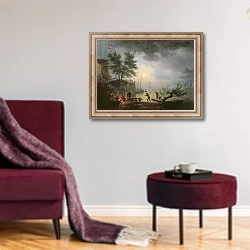 «Sunrise, A Coastal Scene with Figures around a Fire, 1760» в интерьере гостиной в бордовых тонах