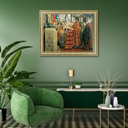 «Русские женщины XVII столетия в церкви. 1899» в интерьере гостиной в зеленых тонах