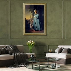 «Екатерина II на прогулке в Царскосельском парке (с Чесменской колонной на фоне)» в интерьере гостиной в оливковых тонах