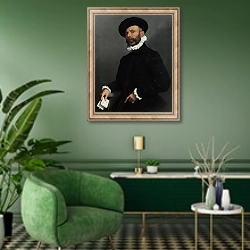 «Портрет мужчины, держащего письмо» в интерьере гостиной в зеленых тонах