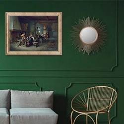 «Интерьер гостиницы» в интерьере классической гостиной с зеленой стеной над диваном