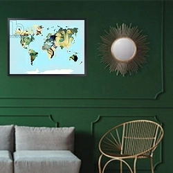 «A Bird World, 2016,» в интерьере классической гостиной с зеленой стеной над диваном
