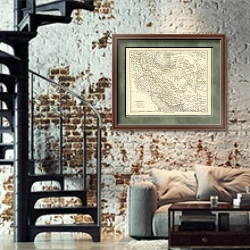 «Карта Персии 1» в интерьере двухярусной гостиной в стиле лофт с кирпичной стеной