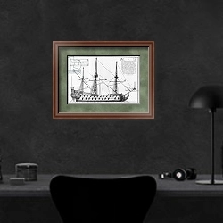 «Profile of a vessel with its masts, illustration from the 'Atlas de Colbert', plate 42» в интерьере кабинета в черных цветах над столом