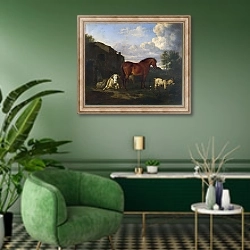 «Домашние животные рядом с домом» в интерьере гостиной в зеленых тонах