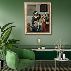 «The Sick Child, c.1664-6» в интерьере гостиной в зеленых тонах
