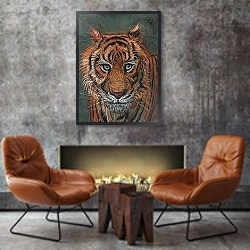 «Tiger 2, 2014,» в интерьере двухярусной гостиной в стиле лофт с кирпичной стеной