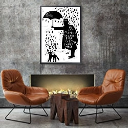 «Мужчина с зонтиком» в интерьере в стиле лофт с бетонной стеной над камином