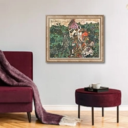 «Landscape at Krumau, 1910-16» в интерьере гостиной в бордовых тонах