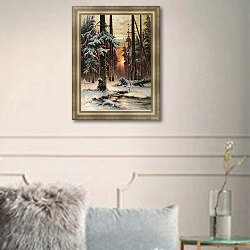 «Зимний закат в еловом лесу. 1889» в интерьере гостиной в оливковых тонах