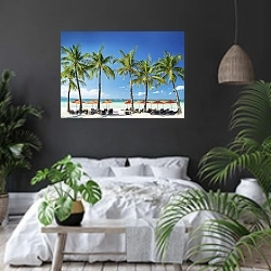 «Белый тропический пляж на острове Боракай на Филиппинах» в интерьере современной спальни с черными стенами