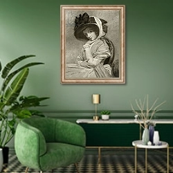 «Emma, Lady Hamilton, engraved by John Jones, 1901» в интерьере гостиной в зеленых тонах
