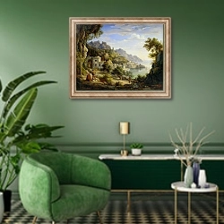 «At the Gulf of Salerno, 1826» в интерьере гостиной в зеленых тонах