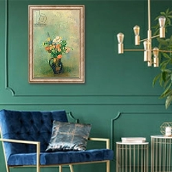 «Poppies and other flowers in a vase» в интерьере в классическом стиле с зеленой стеной