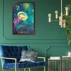 «Большие медузы и водолаз 2» в интерьере в классическом стиле с зеленой стеной