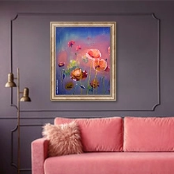 «Поляна красных цветов мака» в интерьере гостиной с розовым диваном