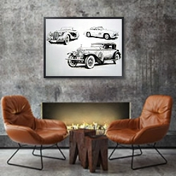 «Автомобили в искусстве 50» в интерьере в стиле лофт с бетонной стеной над камином