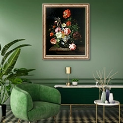 «Flower in a glass vase» в интерьере гостиной в зеленых тонах