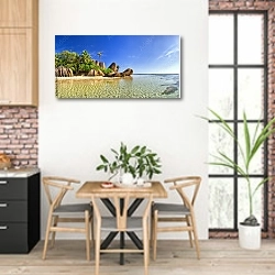«Красивый пляж Сейшельский остров» в интерьере кухни с кирпичными стенами над столом