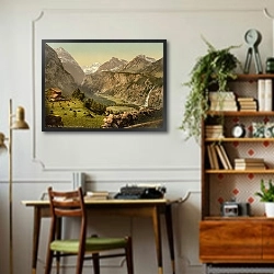 «Швейцария. Домик в горах» в интерьере кабинета в стиле ретро над столом