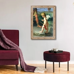 «The Abduction of Helen, 1631» в интерьере гостиной в бордовых тонах