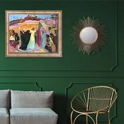«The Raising of Lazarus, 1919» в интерьере классической гостиной с зеленой стеной над диваном