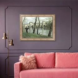 «The Bridge at Mantes» в интерьере гостиной с розовым диваном