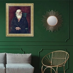 «Портрет Ивана Камынина. 1872» в интерьере классической гостиной с зеленой стеной над диваном