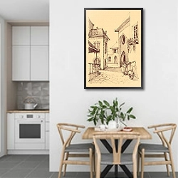 «Узкая улица старого города с мотороллером» в интерьере кухни в светлых тонах над обеденным столом